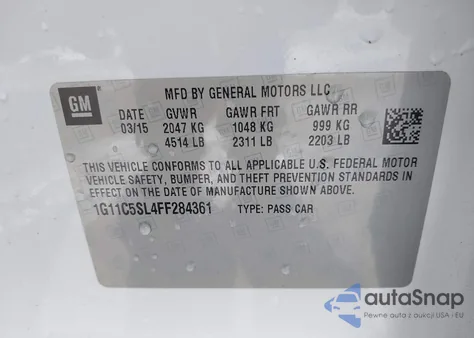 2015 Chevrolet Malibu 1Lt from USA, damaged, VIN 1G11C5SL4FF284361